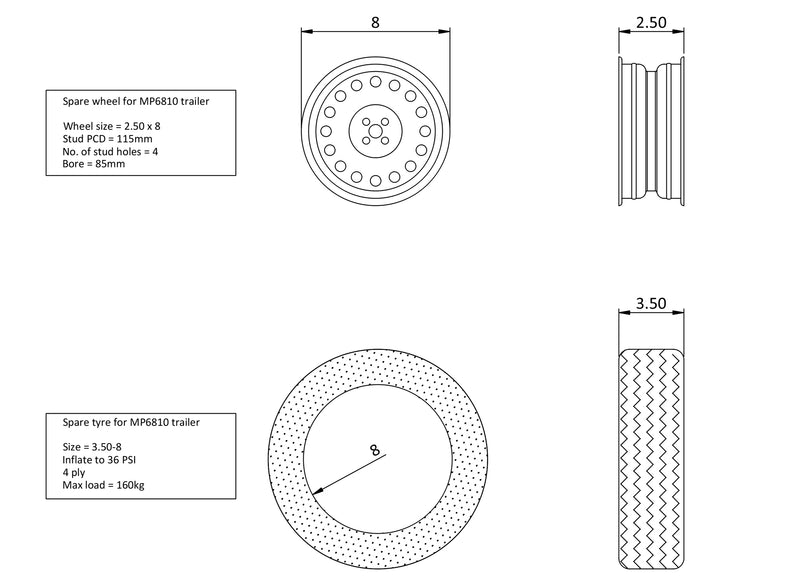 3.50 x 8 Wheel & Tyre Assembly, 115mm PCD